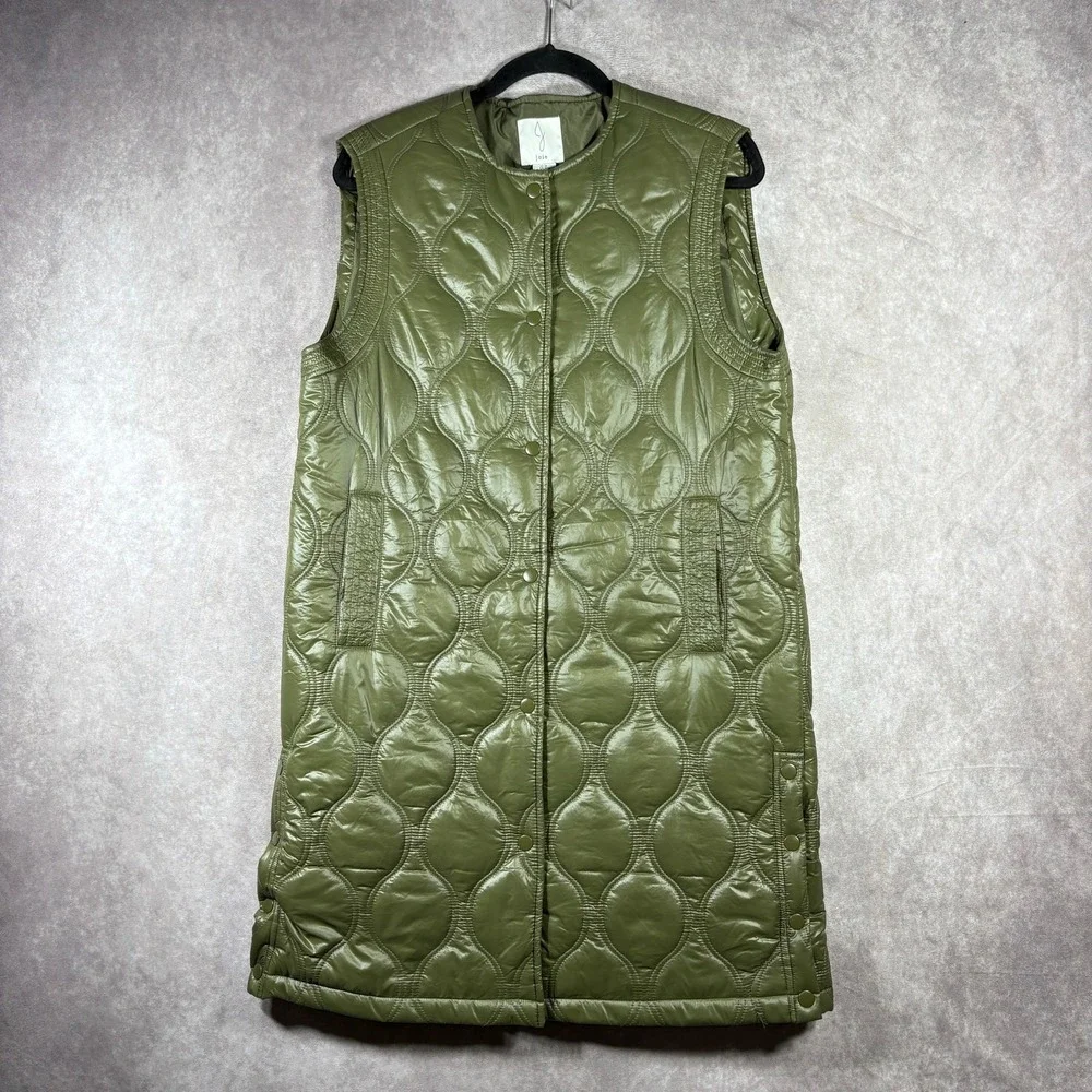 Joie Quilted Vest Jacket Womens Medium Olive Green Snap Front Longline Outdoor